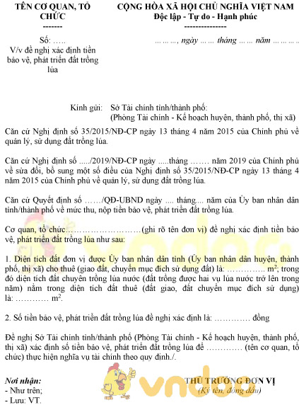 Mẫu đề nghị xác định tiền bảo vệ, phát triển đất trồng lúa dành cho cơ quan tổ chức