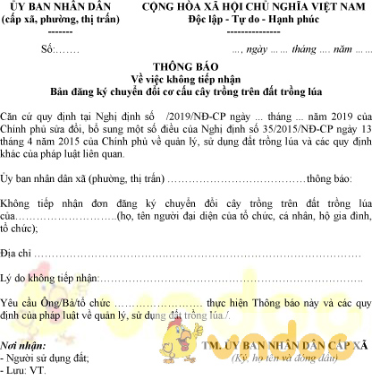 Mẫu thông báo không tiếp nhận bản đăng ký chuyển đổi cơ cấu cây trồng trên đất trồng lúa