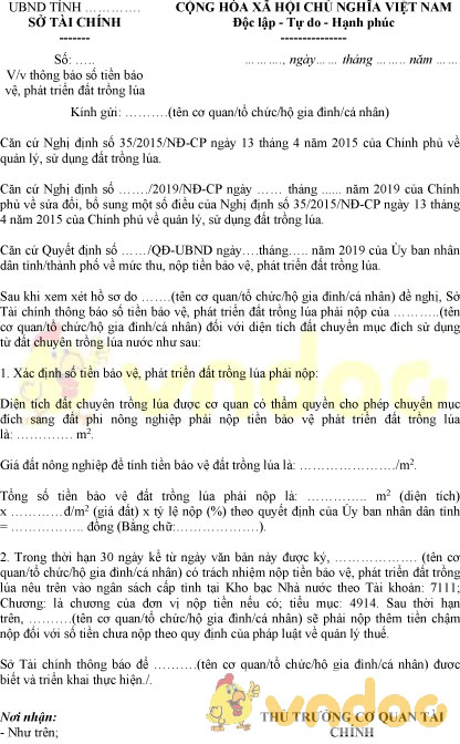 Mẫu thông báo số tiền bảo vệ phát triển đất trồng lúa dành cho Sở Tài chính