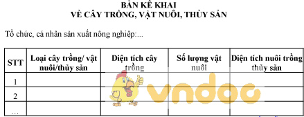 Mẫu bản kê khai về cây trồng, vật nuôi, thủy sản
