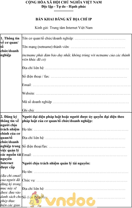 Mẫu bản khai đăng ký địa chỉ IP