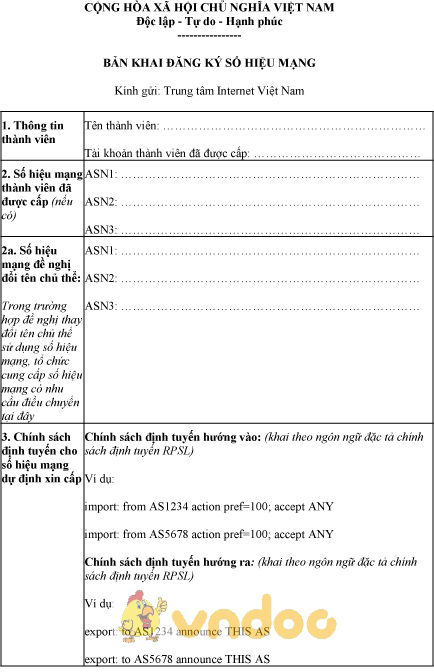 Mẫu bản khai đăng ký số hiệu mạng