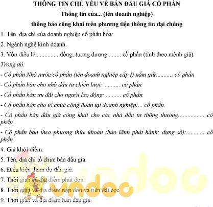 Mẫu bản thông tin chủ yếu về bán đấu giá cổ phần