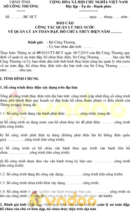 Mẫu báo cáo công tác quản lý nhà nước về quản lý an toàn đập, hồ chứa thủy điện