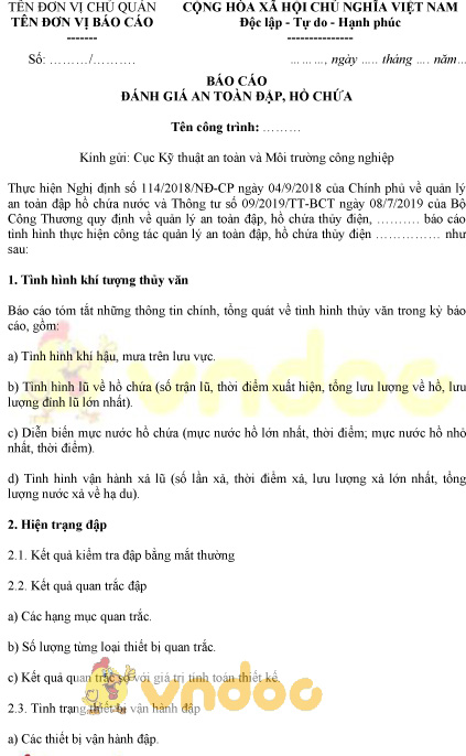 Mẫu báo cáo đánh giá an toàn đập, hồ chứa thủy điện
