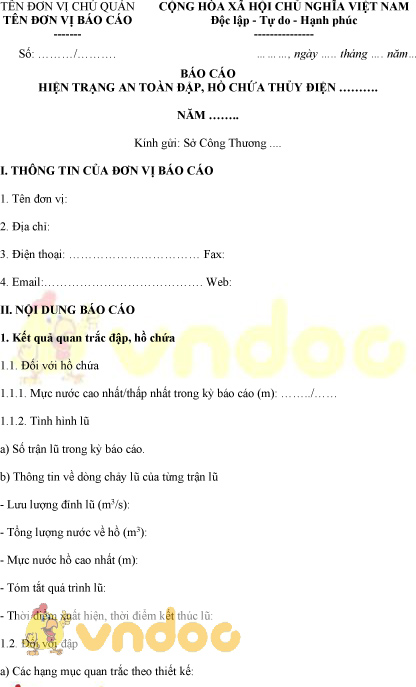Mẫu báo cáo hiện trạng an toàn đập, hồ chứa thủy điện