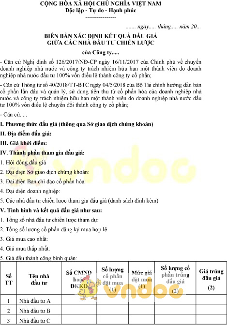 Mẫu biên bản xác định kết quả đấu giá giữa các nhà đầu tư chiến lược