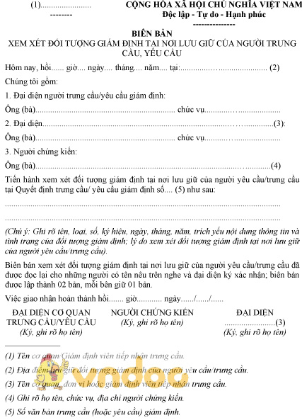 Mẫu biên bản xem xét đối tượng giám định tại nơi lưu giữ người trưng, yêu cầu giám định