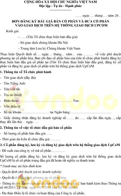 Mẫu đơn đăng ký đấu giá bán cổ phần và đưa cổ phần vào giao dịch trên hệ thống UPCOM