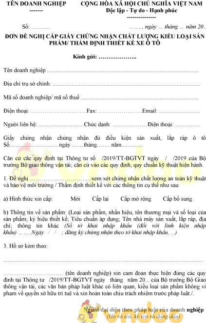 Mẫu đơn đề nghị cấp GCN chất lượng kiểu loại sản phẩm, thẩm định thiết kế xe ô tô
