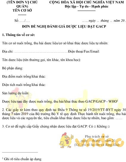 Mẫu đơn đề nghị đánh giá dược liệu đạt GACP