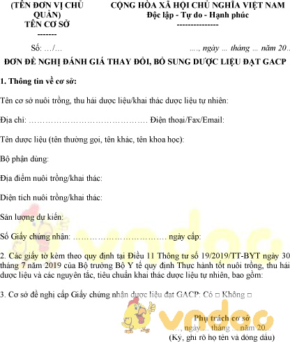 Mẫu đơn đề nghị đánh giá thay đổi, bổ sung dược liệu đạt GACP