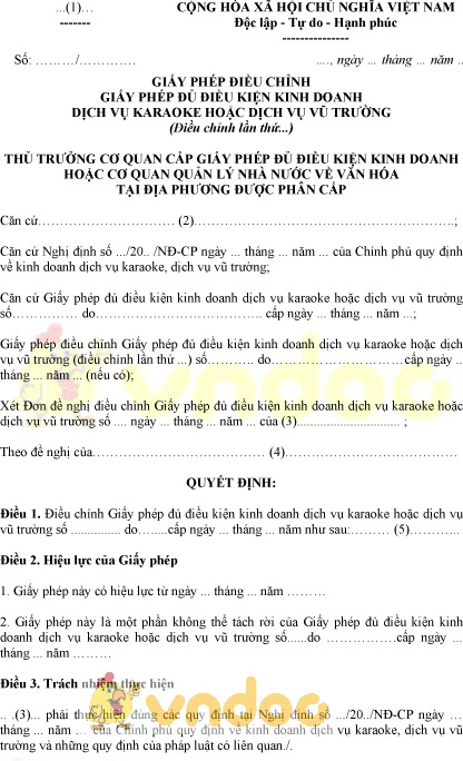 Mẫu giấy phép điều chỉnh giấy phép đủ điều kiện kinh doanh dịch vụ karaoke, vũ trường