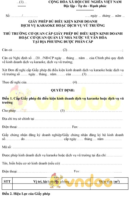 Mẫu giấy phép đủ điều kiện kinh doanh dịch vụ karaoke hoặc dịch vụ vũ trường