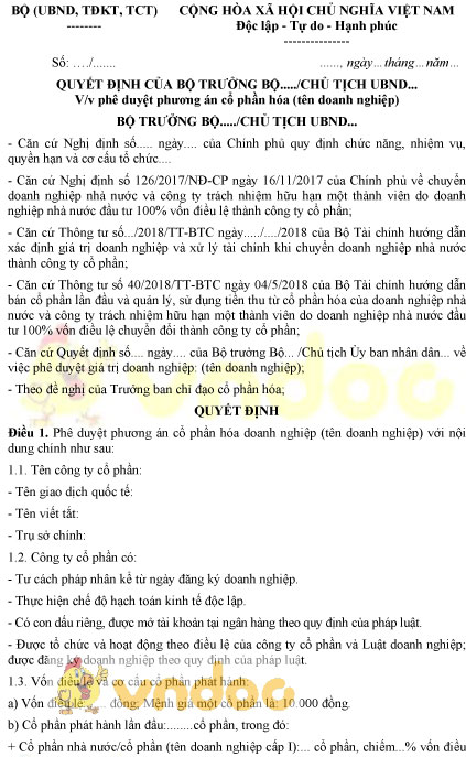Mẫu quyết định phê duyệt phương án cổ phần hóa của doanh nghiệp