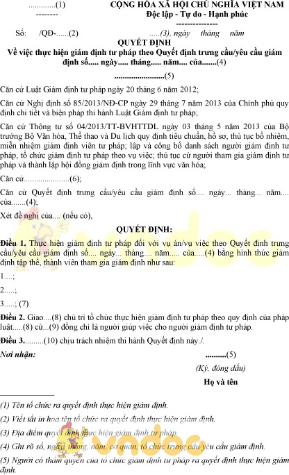 Mẫu quyết định thực hiện giám định tư pháp đối với di vật, cổ vật