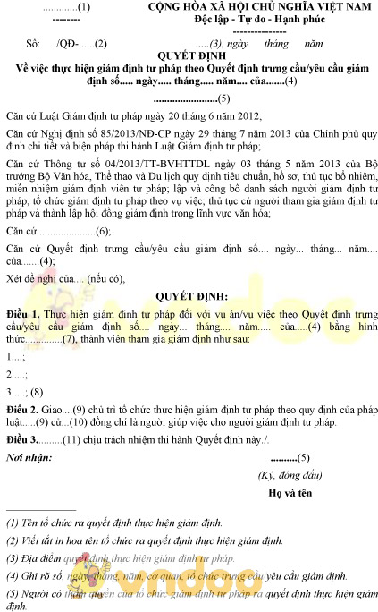 Mẫu quyết định thực hiện giám định tư pháp về quyền tác giả, quyền liên quan