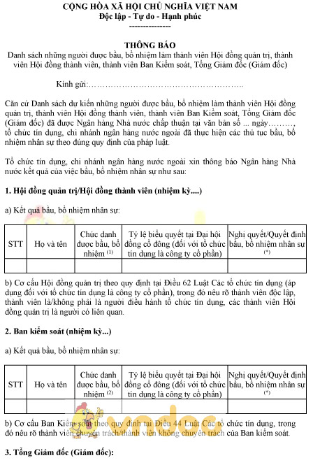 Mẫu thông báo danh sách người được bầu, bổ nhiệm thành viên hội đồng quản trị