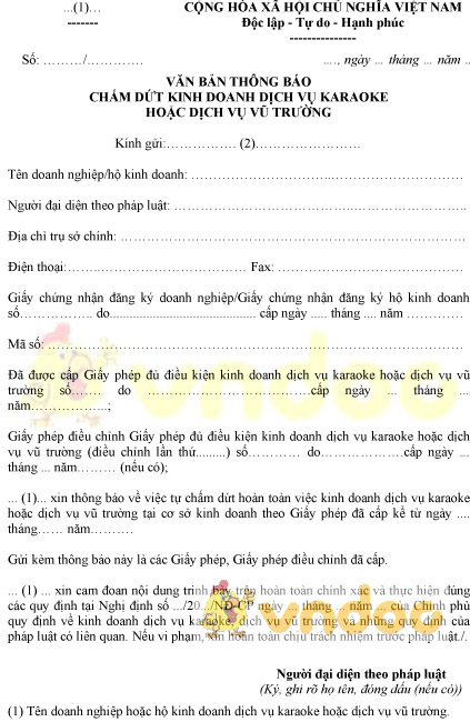 Mẫu văn bản thông báo chấm dứt kinh doanh dịch vụ karaoke hoặc dịch vụ vũ trường