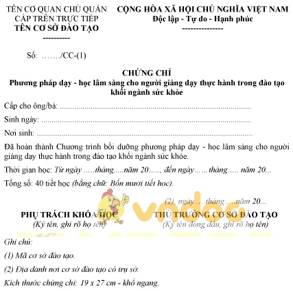 Mẫu chứng chỉ phương pháp dạy, học lâm sàng cho người giảng dạy thực hành khối ngành sức khỏe