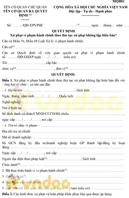 Mẫu MQĐ01: Quyết định xử phạt vi phạm hành chính theo thủ tục xử phạt không lập biên bản