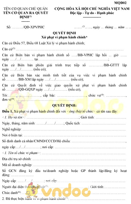 Mẫu MQĐ02: Quyết định xử phạt vi phạm hành chính