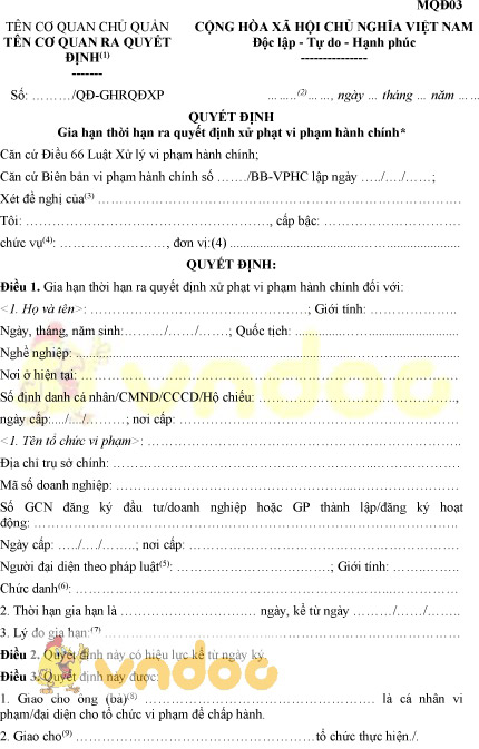 Mẫu MQĐ03: Quyết định gia hạn thời hạn ra quyết định xử phạt vi phạm hành chính