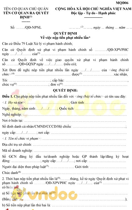 Mẫu MQĐ06: Quyết định nộp tiền phạt nhiều lần