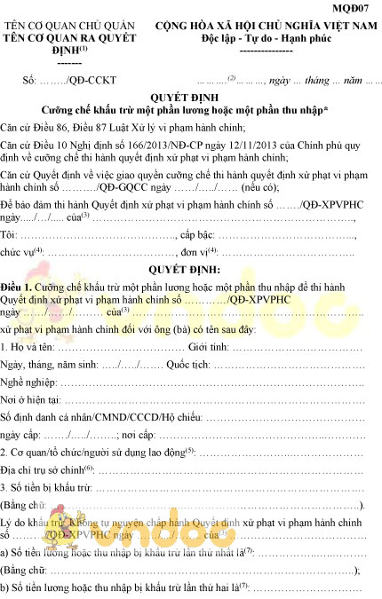 Mẫu MQĐ07: Quyết định cưỡng chế khấu trừ một phần lương hoặc một phần thu nhập