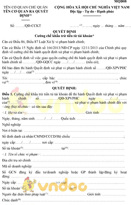 Mẫu MQĐ08: Quyết định cưỡng chế khấu trừ tiền từ tài khoản
