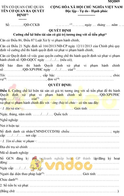 Mẫu MQĐ09: Quyết định cưỡng chế kê biên tài sản có giá trị tương ứng với số tiền phạt