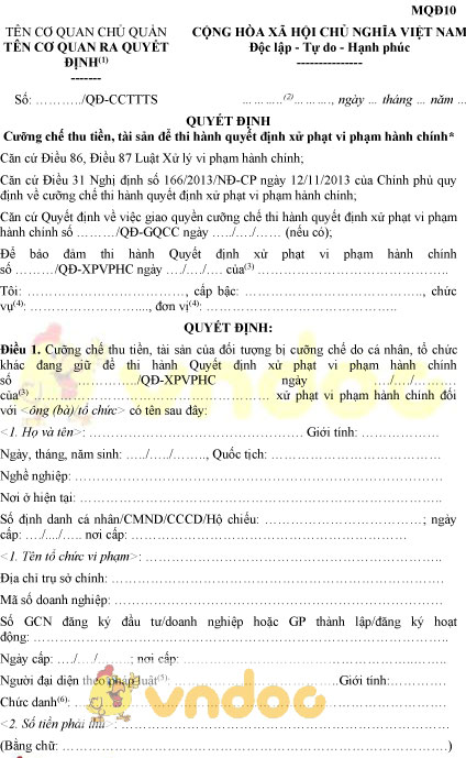 Mẫu MQĐ10: Quyết định cưỡng chế thu tiền, tài sản để thi hành quyết định xử phạt