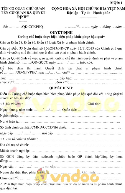 Mẫu MQĐ11: Quyết định cưỡng chế buộc thực hiện biện pháp khắc phục hậu quả