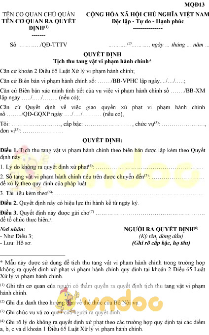 Mẫu MQĐ13: Quyết định tịch thu tang vật vi phạm hành chính