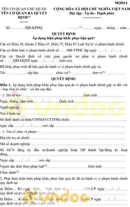 Mẫu MQĐ14: Quyết định áp dụng biện pháp khắc phục hậu quả