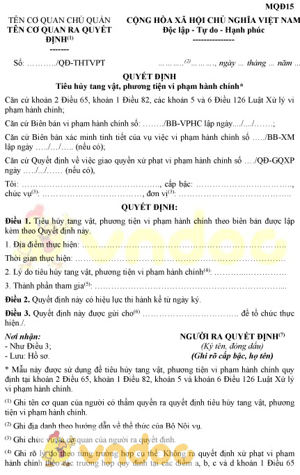 Mẫu MQĐ15: Quyết định tiêu hủy tang vật, phương tiện vi phạm hành chính