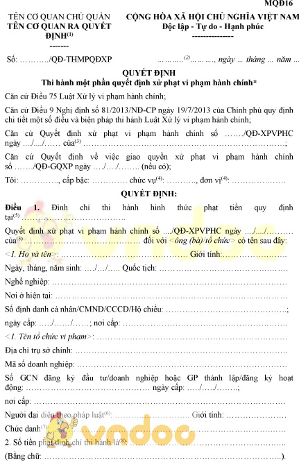Mẫu MQĐ16: Quyết định thi hành một phần quyết định xử phạt vi phạm hành chính