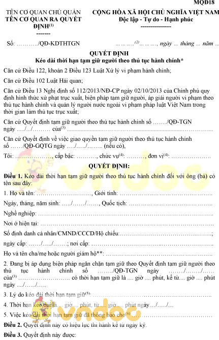 Mẫu MQĐ18: Quyết định kéo dài thời hạn tạm giữ người theo thủ tục hành chính