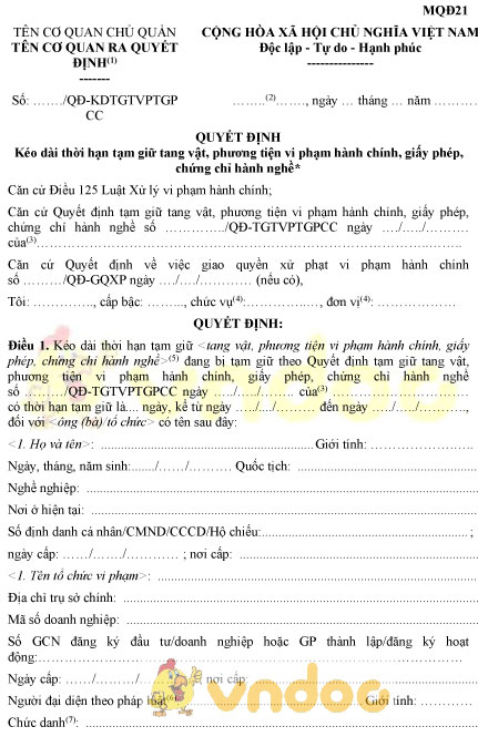 Mẫu MQĐ21: Quyết định kéo dài thời hạn tạm giữ tang vật, phương tiện vi phạm hành chính