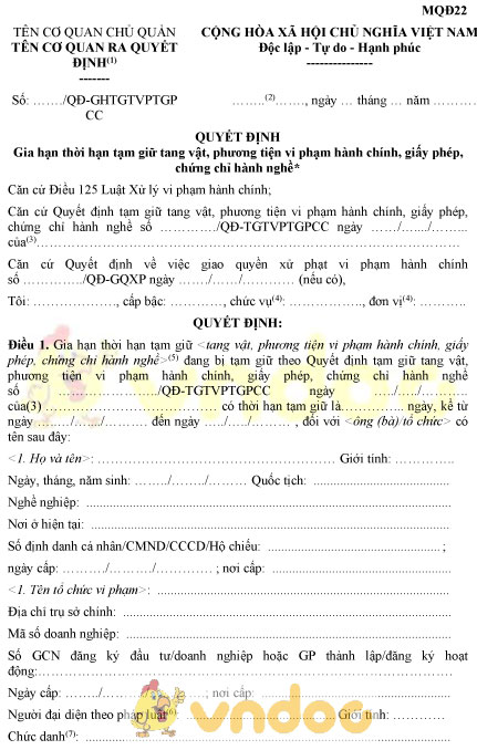 Mẫu MQĐ22: Quyết định gia hạn thời hạn tạm giữ tang vật, phương tiện vi phạm hành chính