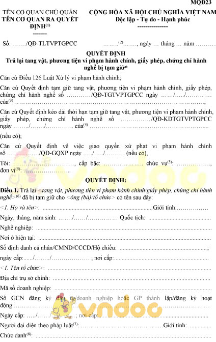 Mẫu MQĐ23: Quyết định trả lại tang vật, phương tiện vi phạm hành chính