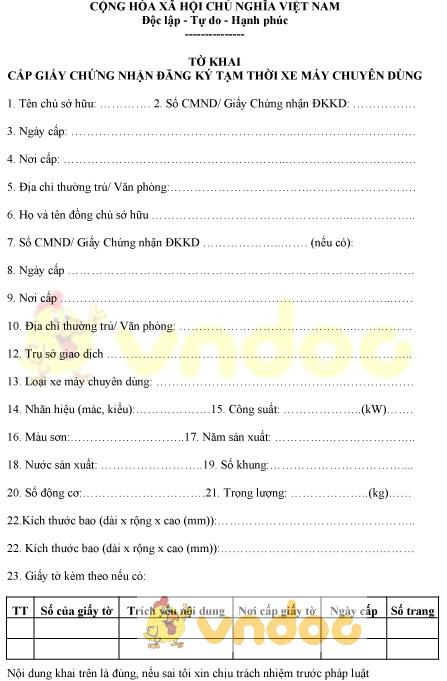 Mẫu tờ khai cấp GCN đăng ký tạm thời xe máy chuyên dùng