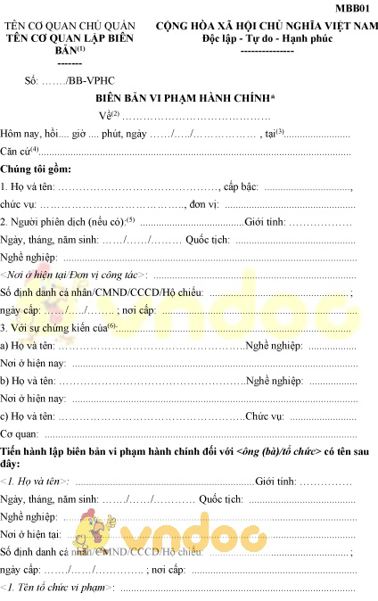 Mẫu MBB01: Biên bản vi phạm hành chính
