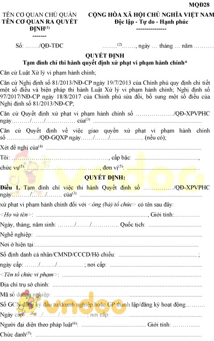 Mẫu MQĐ28: Quyết định tạm đình chỉ thi hành quyết định xử phạt vi phạm hành chính