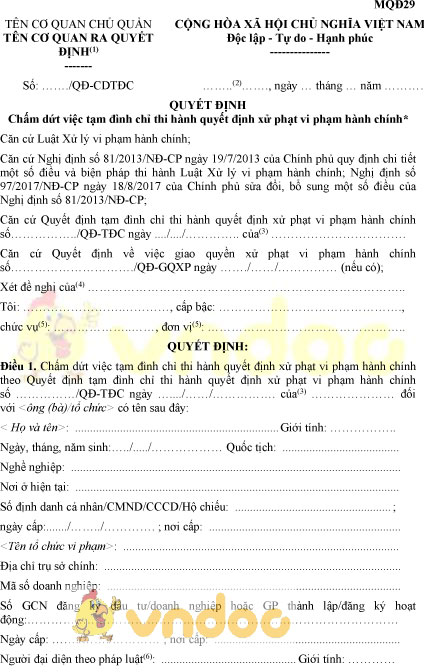 Mẫu MQĐ29: Quyết định chấm dứt tạm đình chỉ thi hành quyết định xử phạt vi phạm hành chính