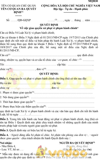 Mẫu MQĐ30: Quyết định giao quyền xử phạt vi phạm hành chính