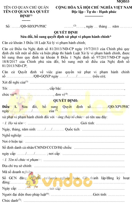 Mẫu MQĐ33: Quyết định sửa đổi, bổ sung quyết định xử phạt vi phạm hành chính