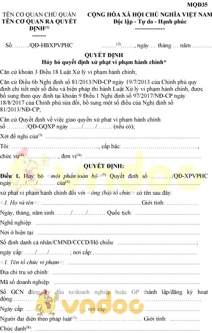 Mẫu MQĐ35: Quyết định hủy bỏ quyết định xử phạt vi phạm hành chính
