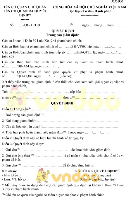 Mẫu MQĐ36: Quyết định trưng cầu giám định