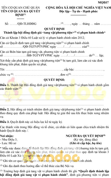 Mẫu MQĐ37: Quyết định thành lập hội đồng định giá tang vật, phương tiện vi phạm hành chính